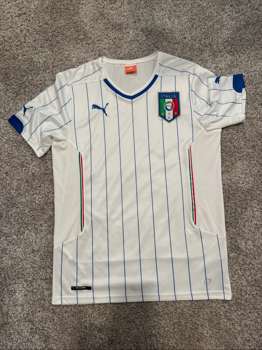 Puma White Italy Men's Soccer Jersey with Blue Pinstripes